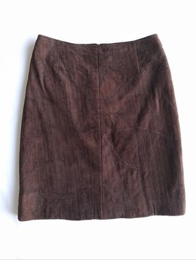 Kroshetta Suede Skirt Brown Leather With Embroidered Stitch Detailing Size M